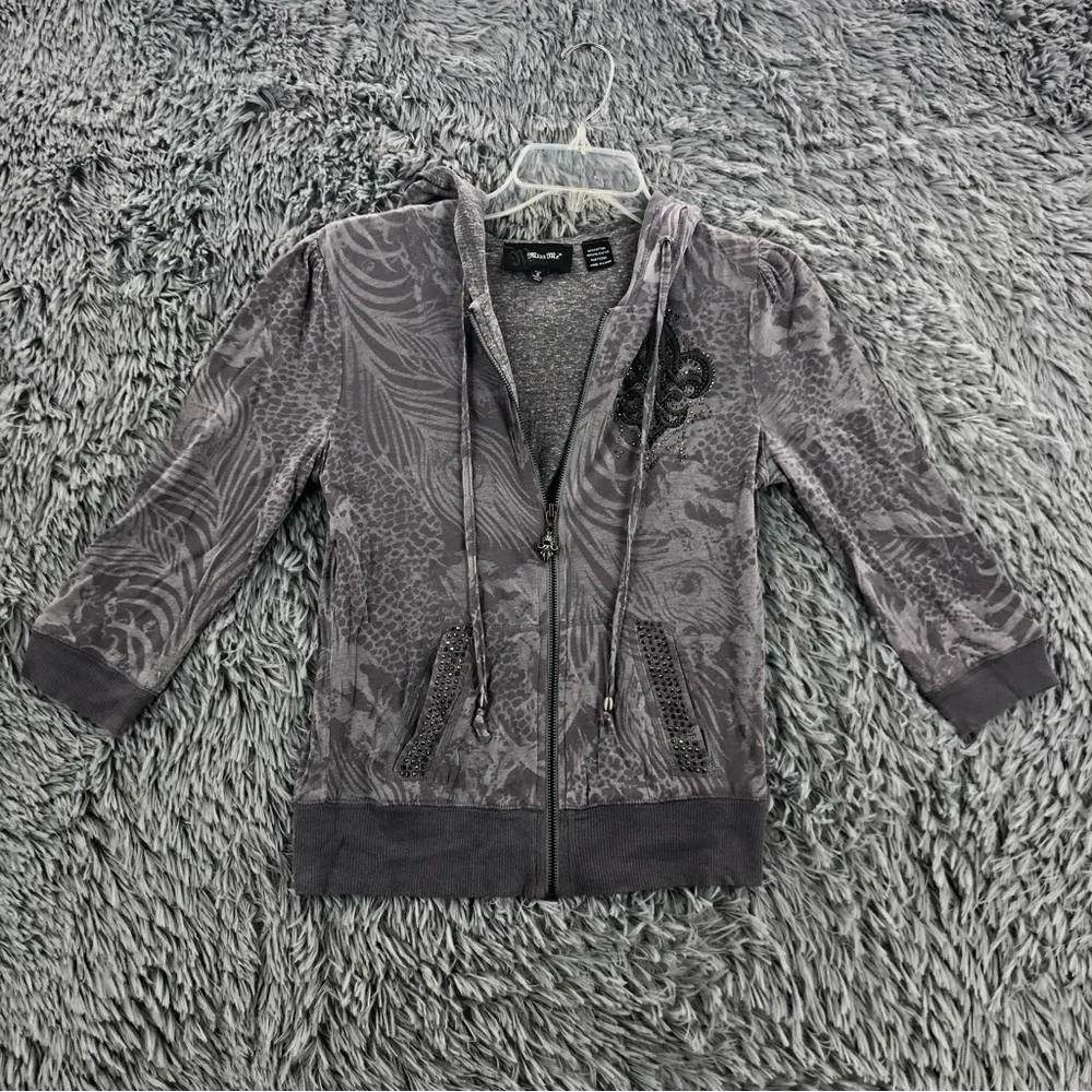 Miss Me Hoodie Jacket Small Fleur De Lis Embellished Wings Pockets Full Zip